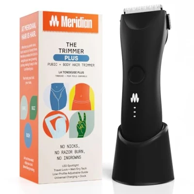 Immagine di MERIDIAN trimmer Plus Regolatore per peli del corpo, protezione regolabile, ricarica USB C, luce flash, blocco da viaggio, dock di ricarica, bikini, tagliacapelli uomo, onice