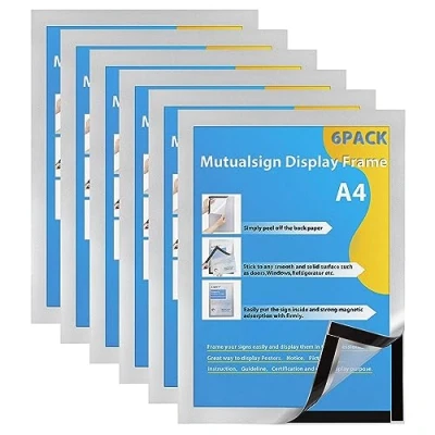 Immagine di Mutualsign A4 Cornice Magnetica Autoadesiva per Espositore, Magnetic Display su Superfici Lisce e Solide, Cambio Rapido, Confezione da 6, Argento