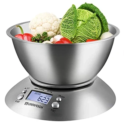 Immagine di UNIWEIGH Bilancia da cucina a piatti, 11 lb/5 kg per cucinare, cuocere, dieta, perdita di peso, con ciotola rimovibile, volume 2,15 L, temperatura ambiente, timer, LCD, TARA, acciaio inossidabile