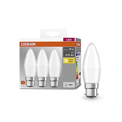 Immagine di OSRAM Lampada LED BASE CLASSIC B 40 FR con attacco B22d, candela, confezione tripla, 4.9W, 470lm, 2700K, luce bianca calda, bassa emissione di calore, consumo energetico molto basso, lunga durata