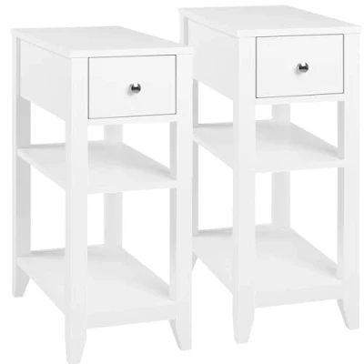 Immagine di WOLTU Set di 2 Comodini Alto e Stretto con Cassetto Ripiani Aperti, Comodino per Camera da Letto, 45x28x66cm, Tavolino Caffè in Legno, Mobiletto Multiuso Moderno, Bianco NTS02ws