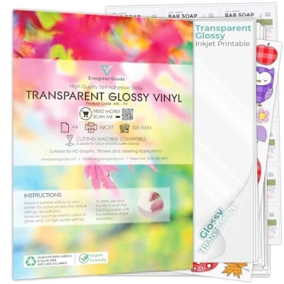 Immagine di Evergreen Goods, Vinile autoadesivo trasparente lucido di qualità, formato A4, stampabile a getto d&#039;inchiostro, crea i tuoi adesivi, retro adesivo, in PVC trasparente, stampa non impermeabile