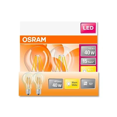 Immagine di OSRAM Lampada LED Classic A40 a stella per presa E27, forma di pera, fil, 470 lumen, bianco caldo, 2700k, sostituzione lampadine da 40w convenzionali, non dimmerabile, 2 pacchetti