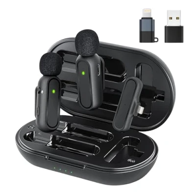 Immagine di 2 Microfono Wireless per Android, iPhone e iPad con Adattatore, Riduzione del Rumore, Lavalier Plug play, Clip on You Tube, Registrazione, Vlogging