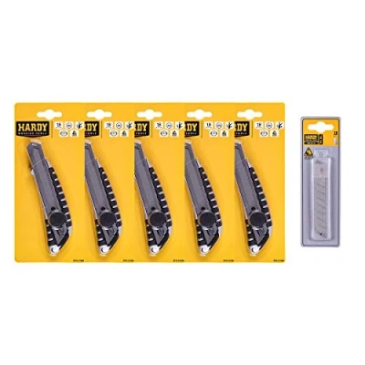 Immagine di HARDY WORKING TOOLS Set, 5 Stück Coltello taglierino in alluminio 18mm con lame rotte 18mm, 10 pezzi di Ricambio, ricambio per cutter, Bloccaggio della lama, A0180 800000