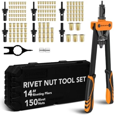 Immagine di BLOSTM set di rivetti da 35,6 cm, strumento rivnut con 150 dadi rivettati e 6 mandrini metrici (M3, M4, M5, M6, M8, M10), a mano resistente, ideale per riparazioni auto, fai