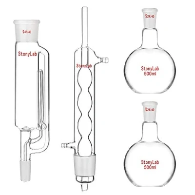 Immagine di stonylab Apparecchio di Estrazione Soxhlet da 500ml, Vetro Borosilicato, Estrattore 45/40 con Condensatore Allihn e 2 Palloni a Fondo Piatto 500ml Giunto 24/40, Unità Completa