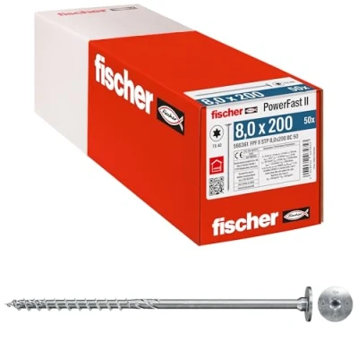 Immagine di Fischer PowerFast II 566361 Vite da legno svasata 8 mm 200 Interno multidentato Acciaio galvanizzato zinco 50 pz.