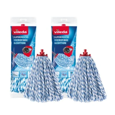 Immagine di Vileda Supermocio Micro e Cotton Mop Refill Confezione da 2, Microfibra, Bianco, 18 x 10 37 cm