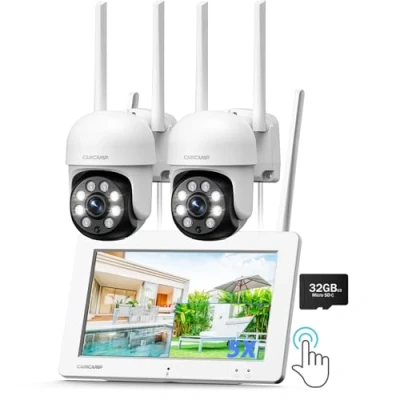 Immagine di Camcamp Kit Telecamere Videosorveglianza Wifi con 7&quot; Tattile Monitor, 3MP Esterno 32GB SD Carta, 360 PTZ Colori Visione Notturna 2 Vie Audio Movimento Rilevamento IP66