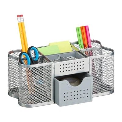 Immagine di Relaxdays Design a Rete Organizer da Scrivania Ufficio, Scomparti Portapenne e Cassetto Cancelleria, 10x23,5x11,5 cm, Acciaio, Argento, Plastica