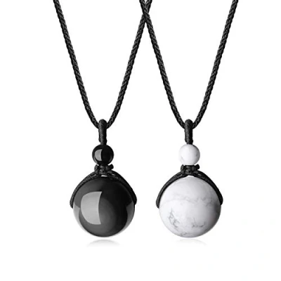 Immagine di COAI Coppia Pendenti Sfera di Pietra Dura Semipreziosa, Yin Yang per la in Pietre Naturali, Laccio Regolabile