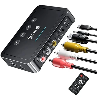 Immagine di YUEYUEKE Adattatore Bluetooth 5.0 NFC Trasmettitore Ricevitore 3 in 1 FM, Chiavetta Auto, Plug and Play, 3.5mm AUX/RCA per TV/PC/Smartphone