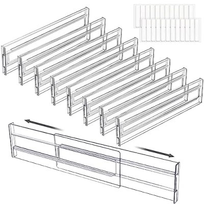 Immagine di FAMKEEP 8 Pezzi Divisori per Cassetti Regolabili,Cassetti in Plastica Trasparente Separatori,Divisori Cassetti,Organizer Armadio o Desktop Bagno,Comò, Cucina Trucco Conservazione