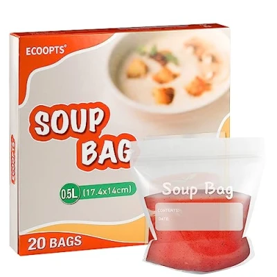Immagine di ECOOPTS Sacchetti per zuppe e congelatori, 500 ml, riutilizzabili, salse (confezione da 20)