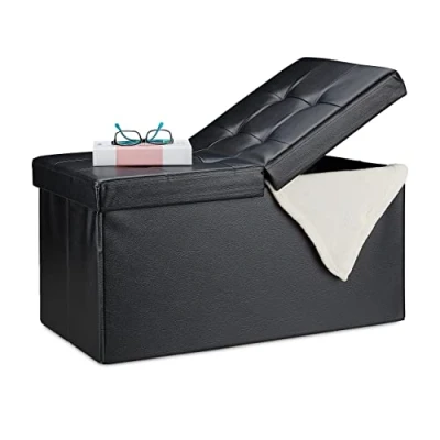 Immagine di Relaxdays Contenitore Pouf, Panca Imbottita in Ecopelle, Cassapanca Pieghevole Eco Pelle, Camera &amp; Sala, color nero
