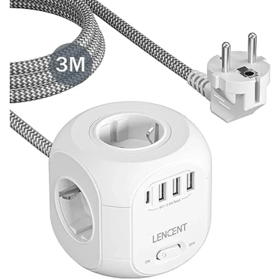 Immagine di LENCENT 8 in 1 Multipresa Cubo con Cavo da 3 Metri, Presa Alimentatore 4 Prese AC, USB e Tipo C, Elettrica Multiplo Interruttore, per Casa, Cucina Ufficio