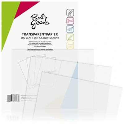Immagine di Robin Goods® 100 Fogli di Carta Trasparente Premium DIN A4, 110 g/m², qualità Eccellente, stampabile, per lavori manuali, da Lucido, Pergamena (100 Trasparenti)