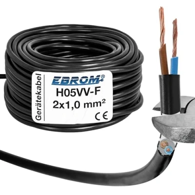 Immagine di EBROM Tubo flessibile in plastica rotondo, cavo, cavo di alimentazione, dispositivo H05VV F 2 x 1,0 mm², colore: nero, molte lunghezze incrementi 5 metri fino a 200 metri, 1 mm2,