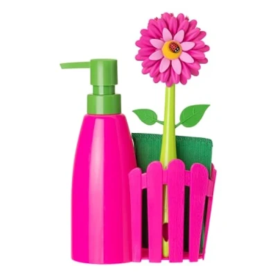 Immagine di VIGAR Flower Power Set da lavello con dispenser, Magenta e verde, 14 x 7 26.5 cm