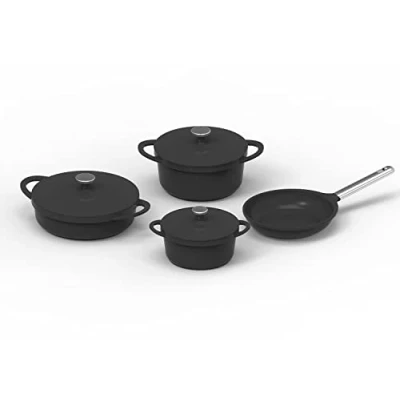 Immagine di KOPF Set di pentole Atavola in alluminio pressofuso con rivestimento antiaderente ILAG Basic, 3 coperchio, 1 padella, protezione del manico silicone, 8 pezzi