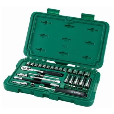 Immagine di SATA ST09001SJ Set di chiavi a bussola metriche 6 punte, 25 pezzi, attacco da 1/4&quot;, con cricchetto sgancio rapido, barre estensione oscillanti e impugnatura T, lucidate, in valigetta