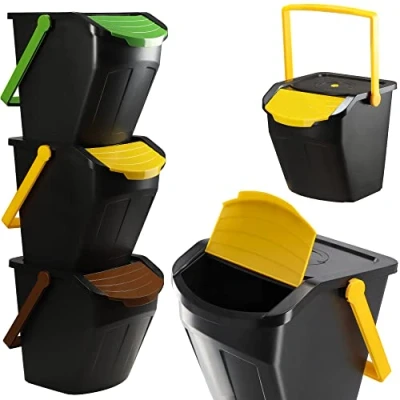 Immagine di KADAX Sistema di Pattumiere Impilabili in Plastica per la Raccolta Differenziata, Bidoni della Spazzatura con Coperchio Interno (Set 3, 25 L)