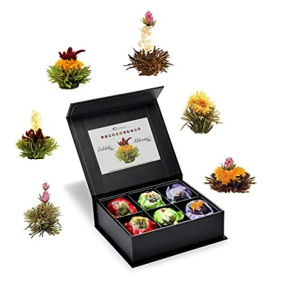 Immagine di Creano 6x Fiori di Tè bianco, verde &amp; nero in elegante Scatola magnetica con Goffratura argento