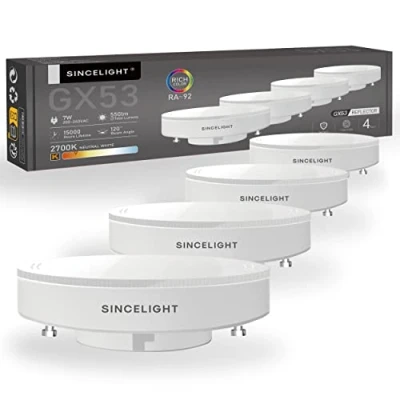 Immagine di SINCELIGHT GX53 Lampadine LED, 7W Riflettore lattiginoso a forma di disco, 60W equivalenti, RA≈92, Bianco Caldo 2700K, Retrofit per mobili da cucina, vetrinette, illuminazione sottopensile, 4 Unità