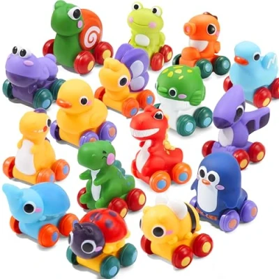 Immagine di JOYIN Mini macchinine con animali dei cartoni animati, set di giocattolo in gomma morbida, piccole macchinine, da bagno, regalo compleanno per ragazzi e ragazze
