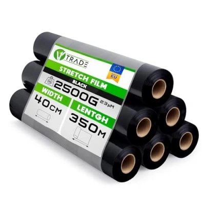 Immagine di V1 Trade 6 pellicole elastiche di colore nero, per mobili, 350 m x 40 cm, rotolo pellicola elastica nera, 23 my, imballaggio su rotolo, trasloco, allungamento del 250%