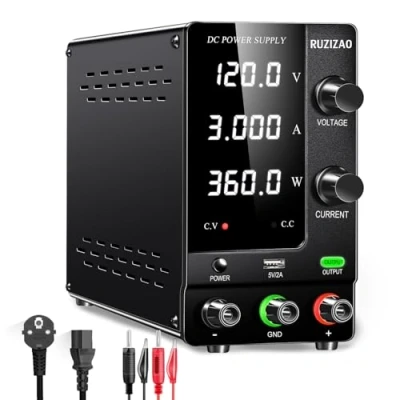 Immagine di RUZIZAO Alimentatore da Banco 120V 3A, Laboratorio con Encoder di Precisione e Interruttore Uscita, Regolabile Display LED a 4 Cifre Porta USB 5V/2A