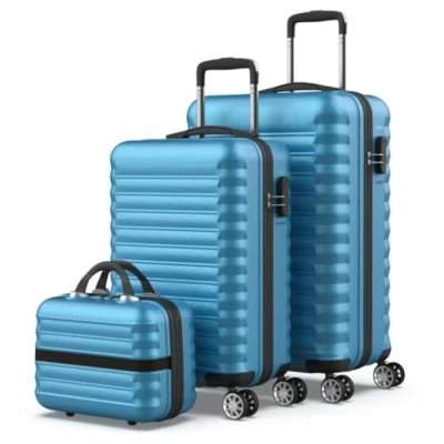 Immagine di NEWTECK NUMADA Set di 3 valigie e borsa da toilette Mod Blu (53/63 cm) ABS con 4 ruote doppie lucchetto combinazione laterale