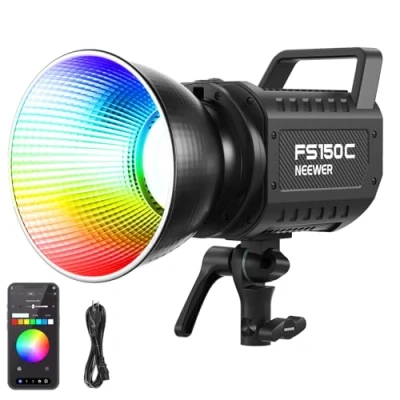 Immagine di NEEWER 130W Luce Video LED RGB, Controllo APP/2.4G, 17 Effetti 2500 7500K 19800lux/1m, Illuminazione Continua COB con CRI97/TLCI98 4 Curve d&#039;Oscuramento, Spotlight ad Attacco Bowens per Studio, FS150C