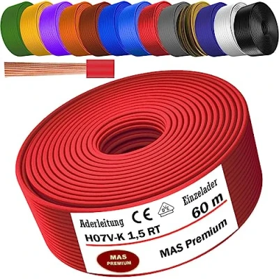 Immagine di MAS Premium Cavo flessibile da 5 a 100 m H07 V K 1 x 1,5 mm² SW, HBL, GNGE, GN, RT, DBL, BR, OR, GR, WS, VIO, U MAR.BL o GE (rosso, 60 m)