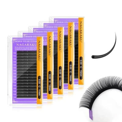 Immagine di NAGARAKU 5 Vassoi Extension Ciglia Naturali Singole Classico One to Estensione Delle Individuale Volume Russo Eyelash Nero 16 Rows(0.03mm C Curl 11/12/13/14/15mm)