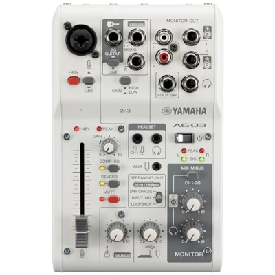 Immagine di Mixer Yamaha AG03MK2 a 3 Canali per Streaming Live con Interfaccia Audio USB, Windows, Mac, iOS e Android, Bianco