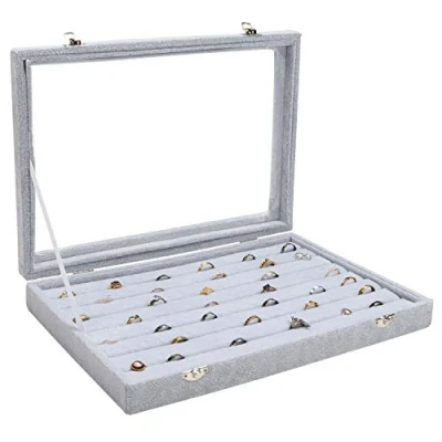 Immagine di BELLE VOUS Organizer Gioielli Espositore Anelli in Velluto Grigio con 7 Livelli Porta Coperchio Vetro Trasparente per Anelli, Orecchini e Gemelli