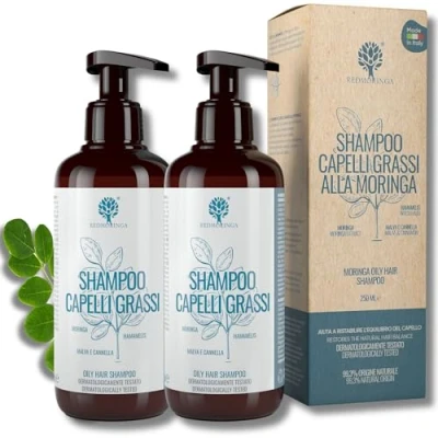 Immagine di Shampoo seboregolatore Capelli Grassi BIO Deterge in profondità e ristabilisce pH cute grassa 99,5% Naturale, NO SLS, ASL Con Moringa, Malva, Cannella RedMoringa 500ml