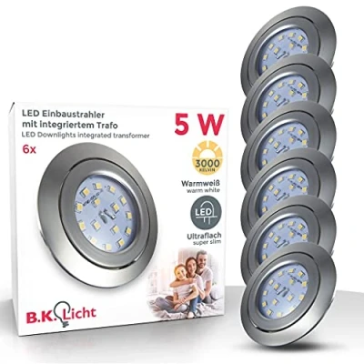 Immagine di B.K.Licht Faretti LED da incasso orientabili, set 6, include integrati 5W, diametro foro 68mm, lampade per l&#039;illuminazione interno, luce calda 3000K, plastica nickel opaco, 230V IP23