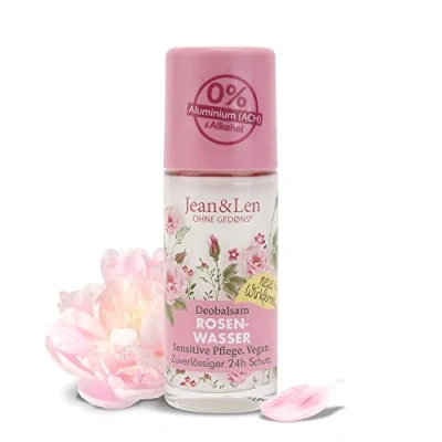 Immagine di Jean&amp;Len Deobalsam Rosenwasser, deodorante roll on delicato sulla pelle, protezione naturale fino a 24 ore, utilizzabile anche dopo la depilazione, senza alluminio e alcol, vegano, da 50 ml