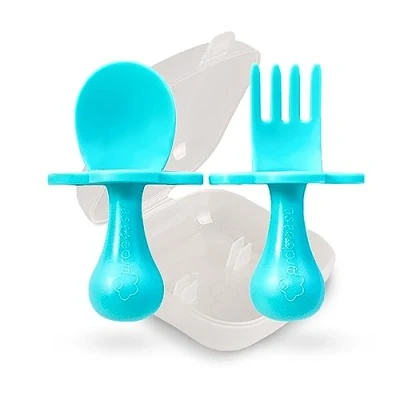 Immagine di Grabease Utensili per bambini Cucchiai e forchette Posate Forchetta bambini, senza BPA ftalati neonati piccoli, 1 set, verde acqua