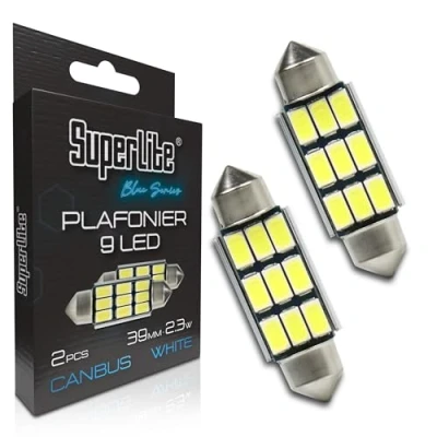 Immagine di Superlite Set di 2 lampadine da soffitto a 9 Leds, 39 mm 2,3W della gamma Blue Series. Tecnologia CanBus luce bianca. Ideale per auto e camion.