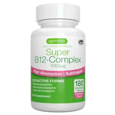 Immagine di Vitamina B12 Complex 1000mcg Sublinguale con Metilcobalamina, 180 Compresse Vegane ad Alto Assorbimento e Dosaggio, Gusto Fragola Igennus