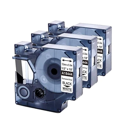 Immagine di Upwinning Nastro Industriali Compatibile con Dymo Rhino 18444 Etichette 12mm x 5.5m in Vinile Nero su Bianco A18444, per 3000 4200 5200 5000, 3 confezione