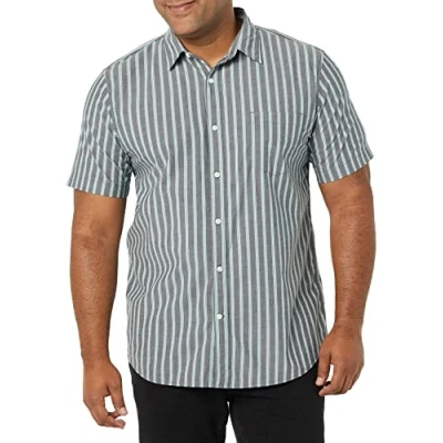 Immagine di Amazon Essentials Camicia in Popeline a Maniche Corte Slim Uomo, Blu Marino Righe, XXL