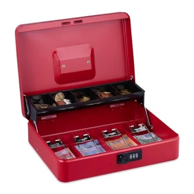 Immagine di Relaxdays Cassetta con Combinazione Numerica a 3 Cifre, Porta Soldi Inserto per Monete e 4 Scomparti, Ferro, Rosso, Acciaio, 8,5 x 30,5 24,5 cm
