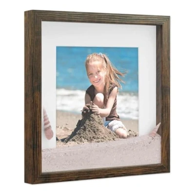 Immagine di PHOTOLINI 3D cornice 30x30 cm rovere scuro, profonda con vetro e passe partout, per oggetti fino a 1,5 di profondità, legno MDF perfetta il fai da te come regalo