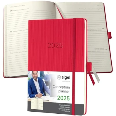 Immagine di SIGEL C2564 Conceptum Agenda settimanale 2025, circa A5, rosso, copertina rigida, 2 pagine = 1 settimana, 192