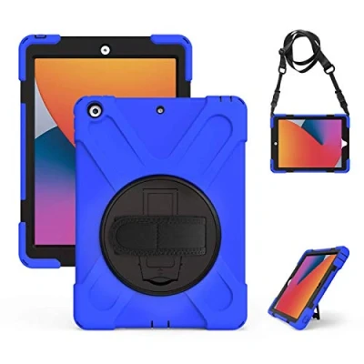 Immagine di Gerutek Custodia Cover per iPad 9/8/7 Generazione 10,2 Pollici (2021/2020/2019), Protettiva Antiurto con Supporto Rotante 360 Gradi e Cinghia a Mano/Spalla 10,2, Blu
